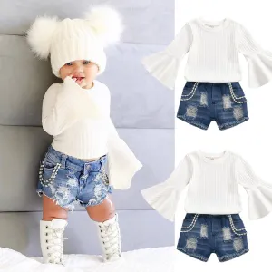 Girl White Knitted Flared Sleeve Tops And Ripped Denim Shorts Set