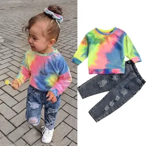 Girl Round Neck Long Sleeve Tie Dye Tops And Ripped Jeans Set