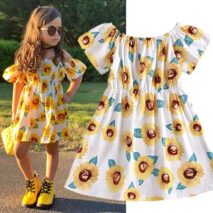 Children Kids Baby Fashion Girls Sunflower Print Short Sleeve Princess Dress