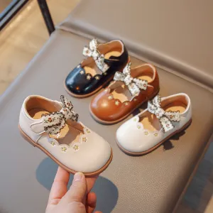 Children Kids Baby Fashion Girls Flower Bow Pu Leather Flat Shoes