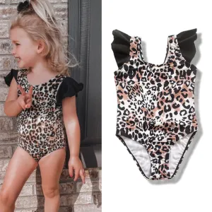 Children Kids Baby Fashion Girls Ruffle Leopard Print Sleeve One Piece Swimsuit