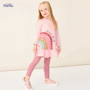 Kids Toddler Big Girls Summer Fashion Casual Sweet Cotton Solid Color Rainbow Letter Pattern Round Neck Long Sleeve Dress Trousers Set
